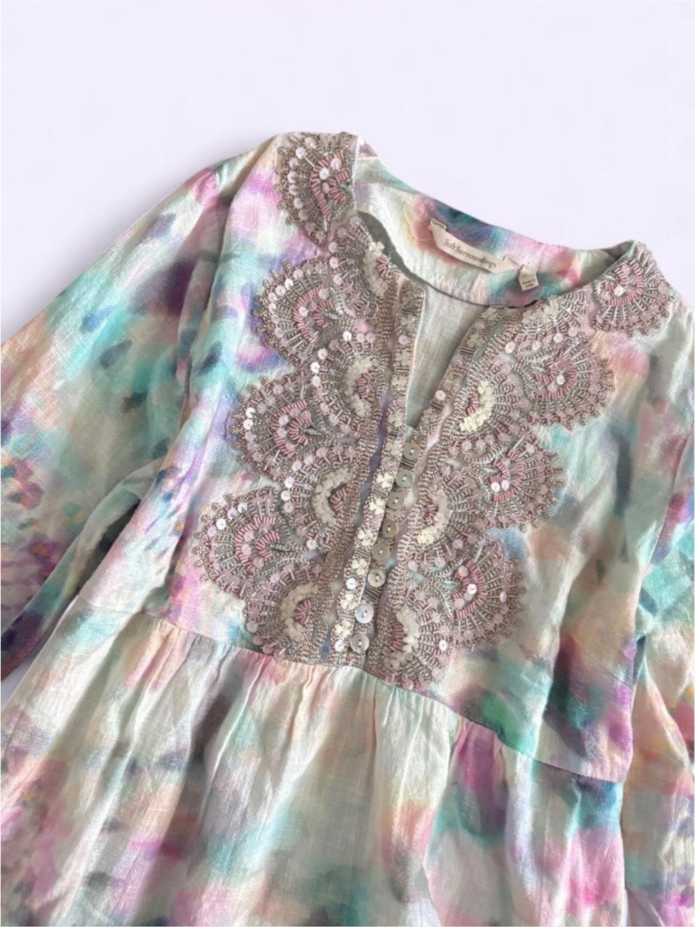 Soft Surroundings Pastel Tie Dye Embellished Cotton Shirt Beaded Boho Medium